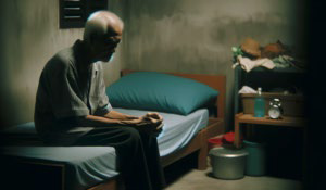 Elderly man sitting on a small bed in a dark room