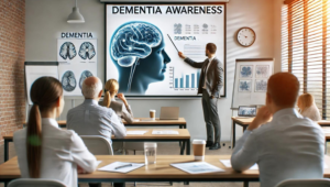 interior of a classroom with one instructor pointing at a white board with illustrations of a brain and the words Dimentia Awareness. Backs of several students sitting at desks facing the teacher.