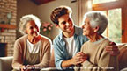 an elderly man and woman sitting on the couch looking towards the young man sitting between them. The young man is holding the hand of the older man and they are all smiling